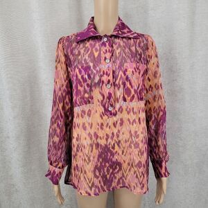 Hunter Dixon Women's Purple Coral and Pink Patterned Silk Chiffon SheerBlouse